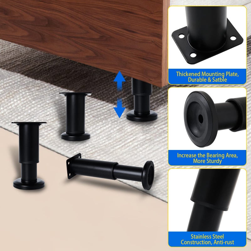 Olldag 4 Pcs Adjustable Height Furniture Support Legs [with Screws] 3.15-4.72 inch  Metal Heavy Duty Furniture Replacement Legs for Chair/Bed/Sofa/Cabinet/Couch/Dresser/Bed/Table (Black) - Image 5